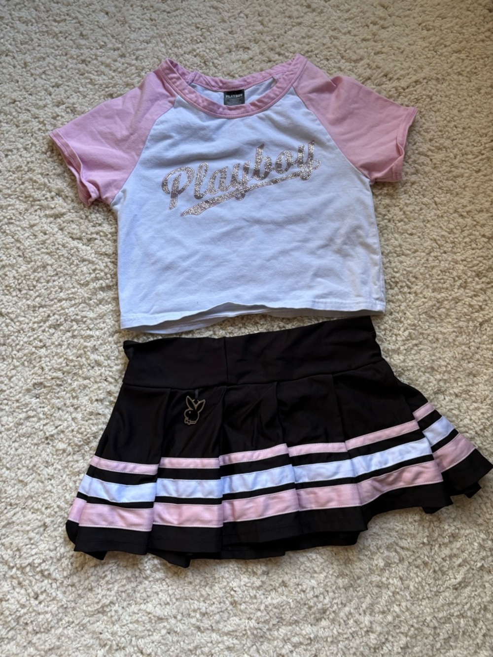 PLAYBOY Pink, White & Black Cropped Raglan Top with Pleated Skirt
